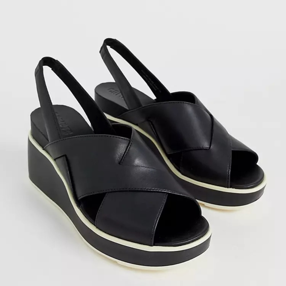 Camper Tropik Slingback Wedge Leather Sandals, Black, Size 39